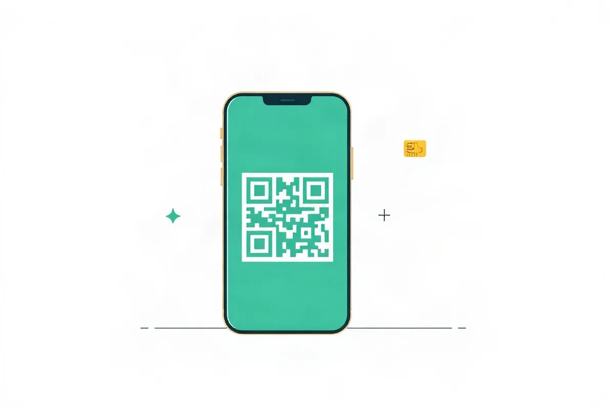 Android phone with a QR scanning frame on the screen and an eSIM chip icon
