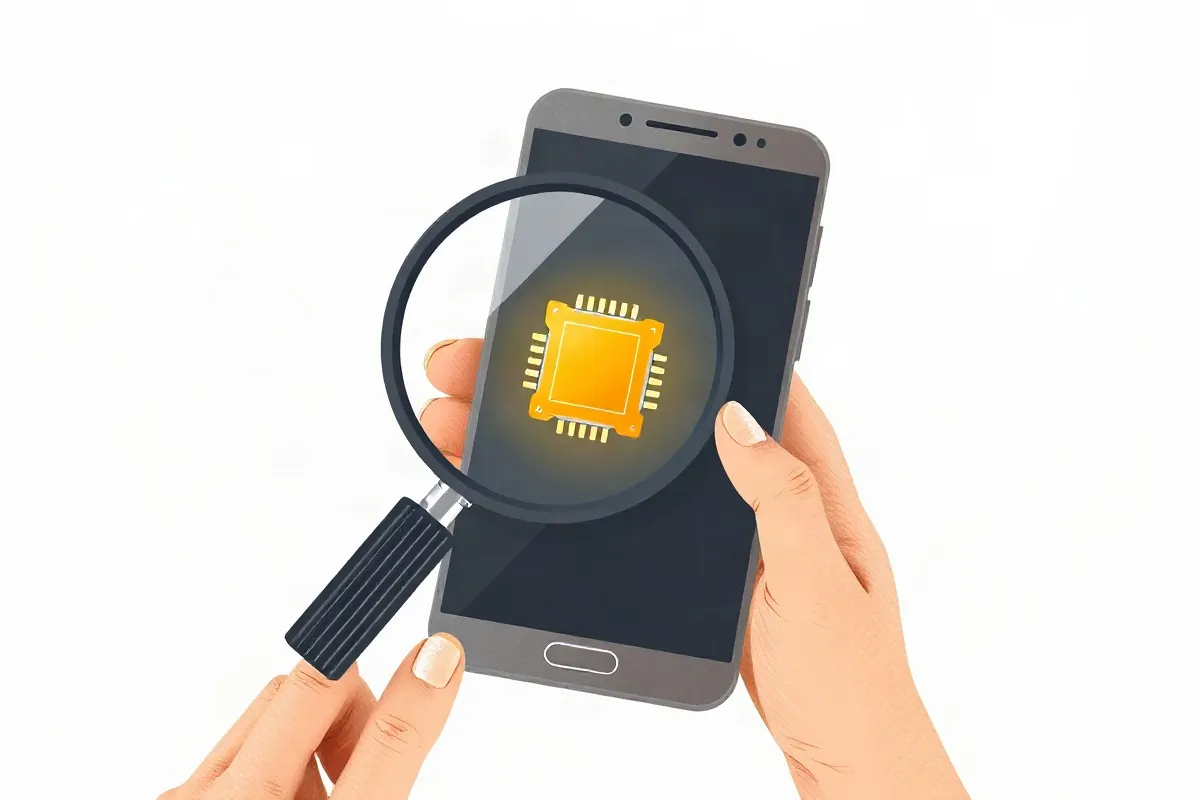 Magnifying glass over a phone screen showing a chip icon