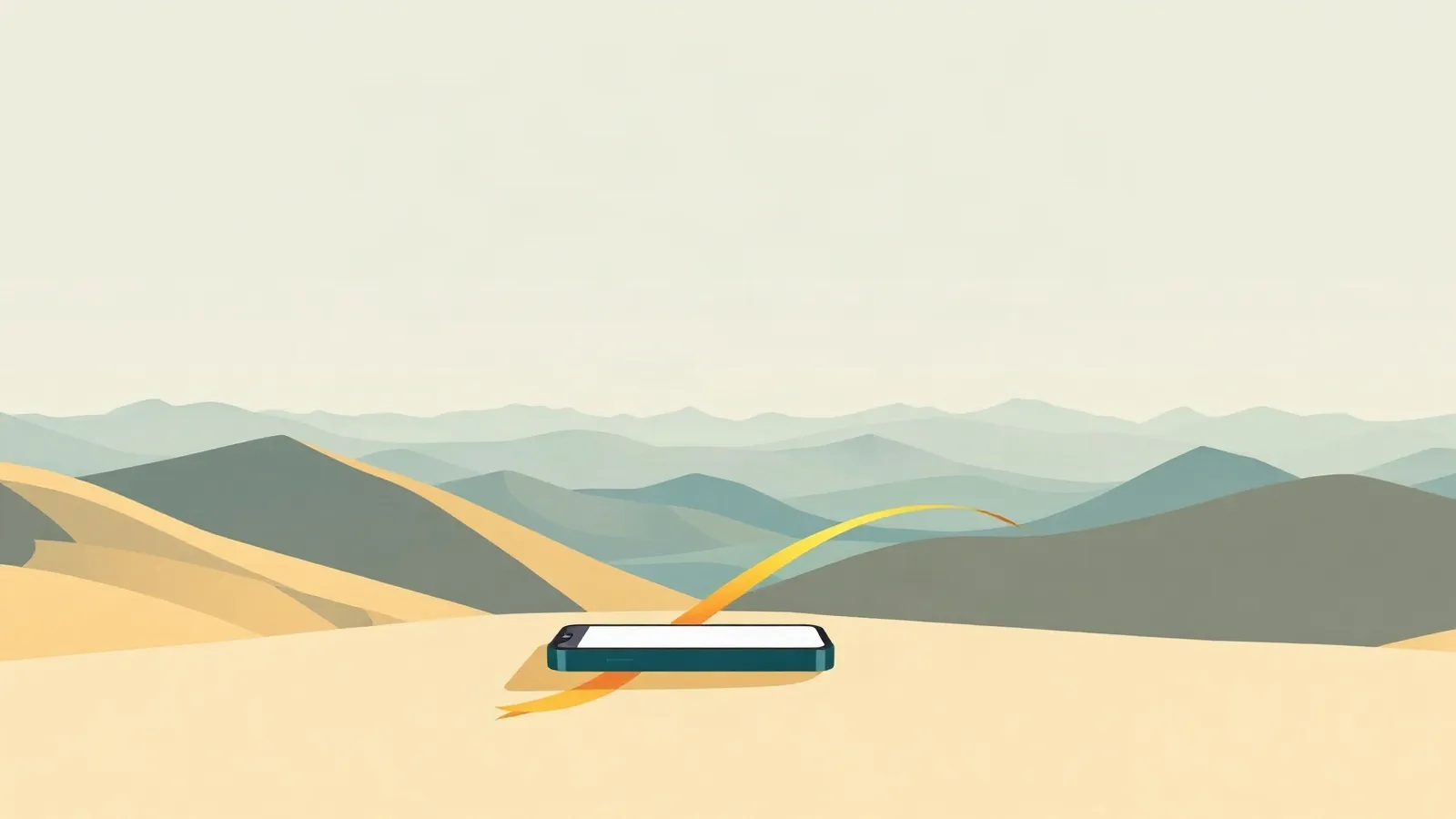 Smartphone with flowing data ribbons stretching to a distant horizon