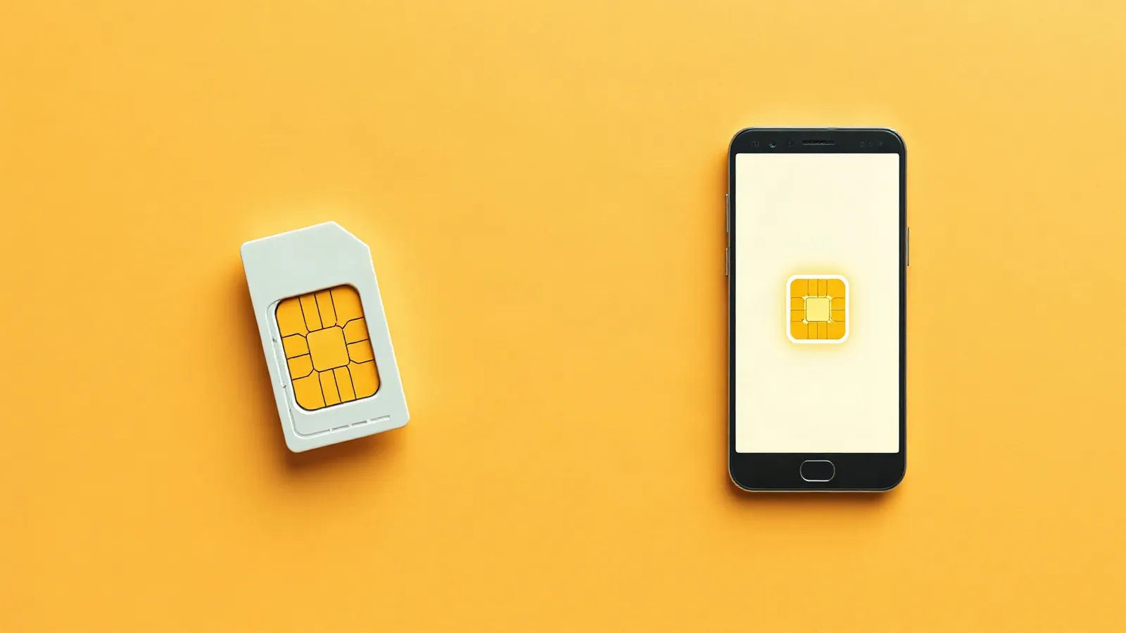 A physical SIM card and ejector pin beside a smartphone with an embedded eSIM chip