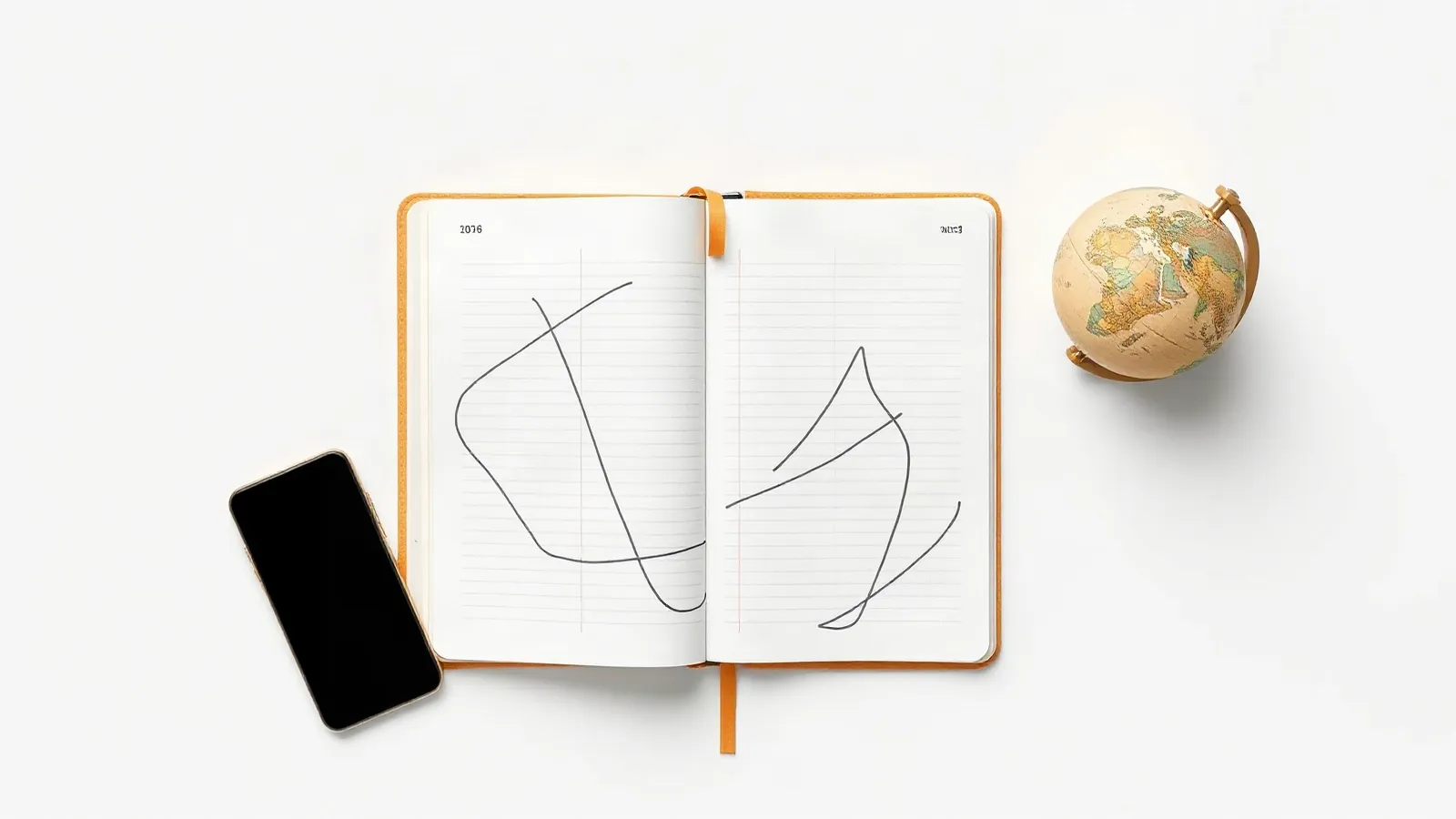 Open notebook beside a smartphone and a small globe