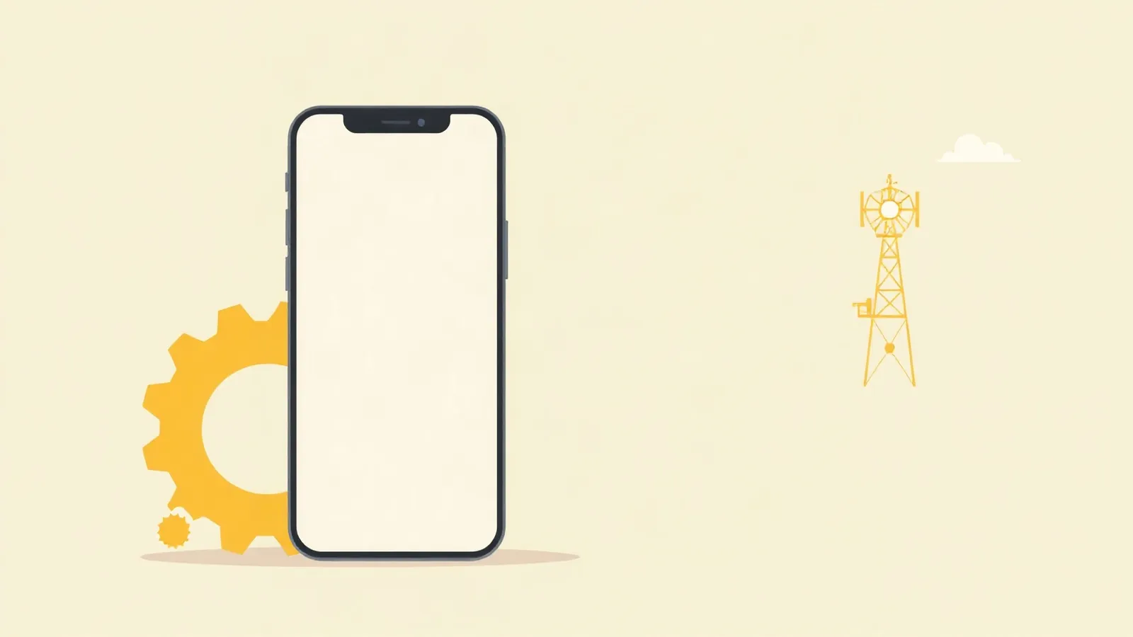 Smartphone beside a large gear and toggle switches, mobile tower in the distance