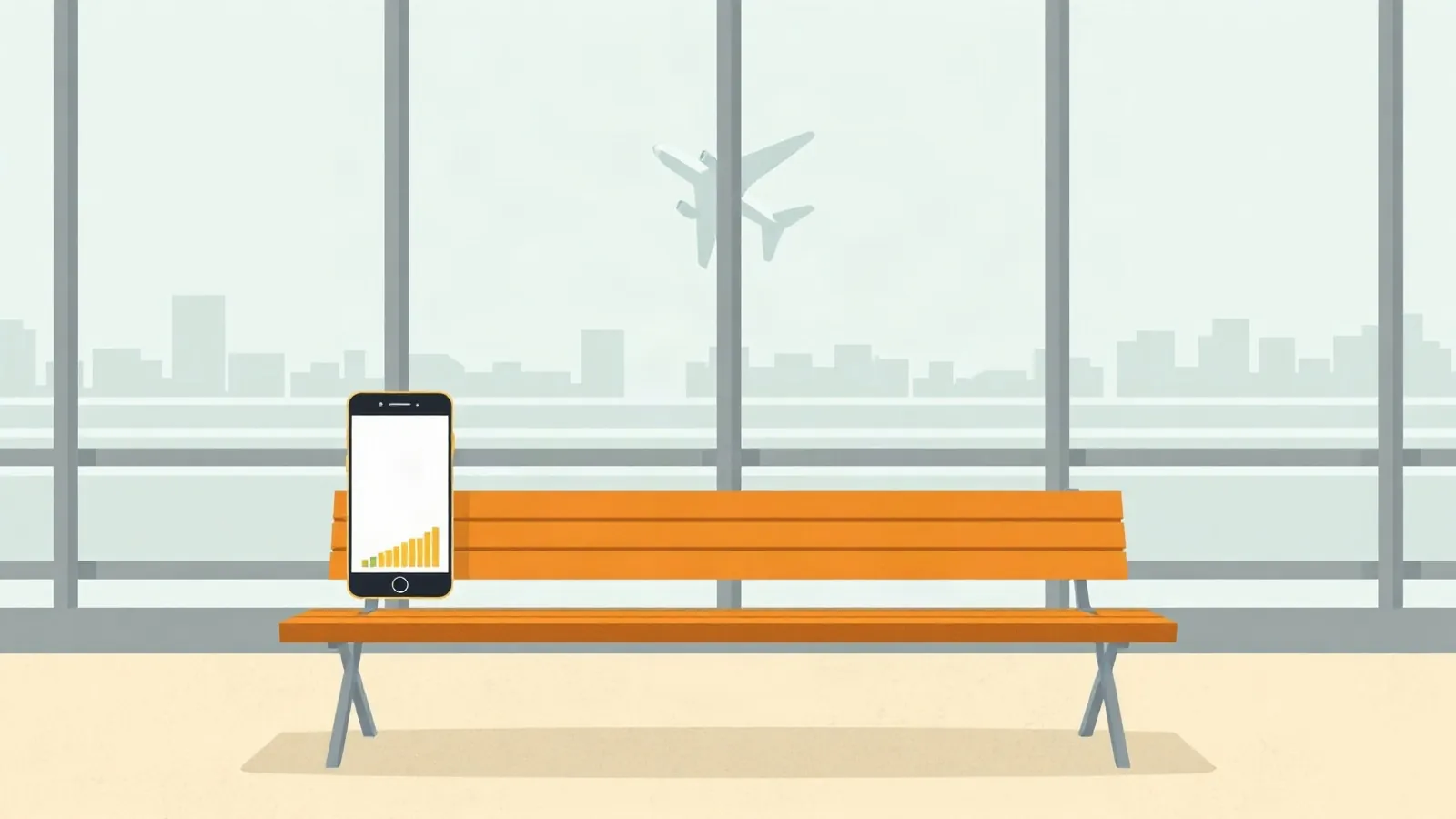 Smartphone on an airport bench with an airplane taking off outside