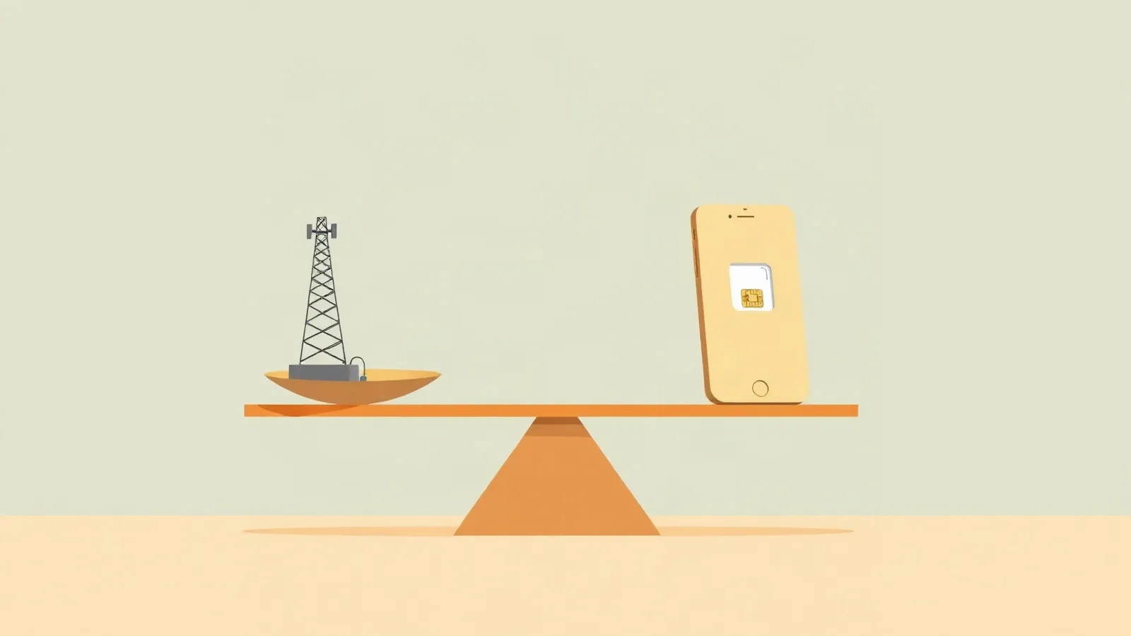 Balance scale weighing a mobile tower against a smartphone with an eSIM chip