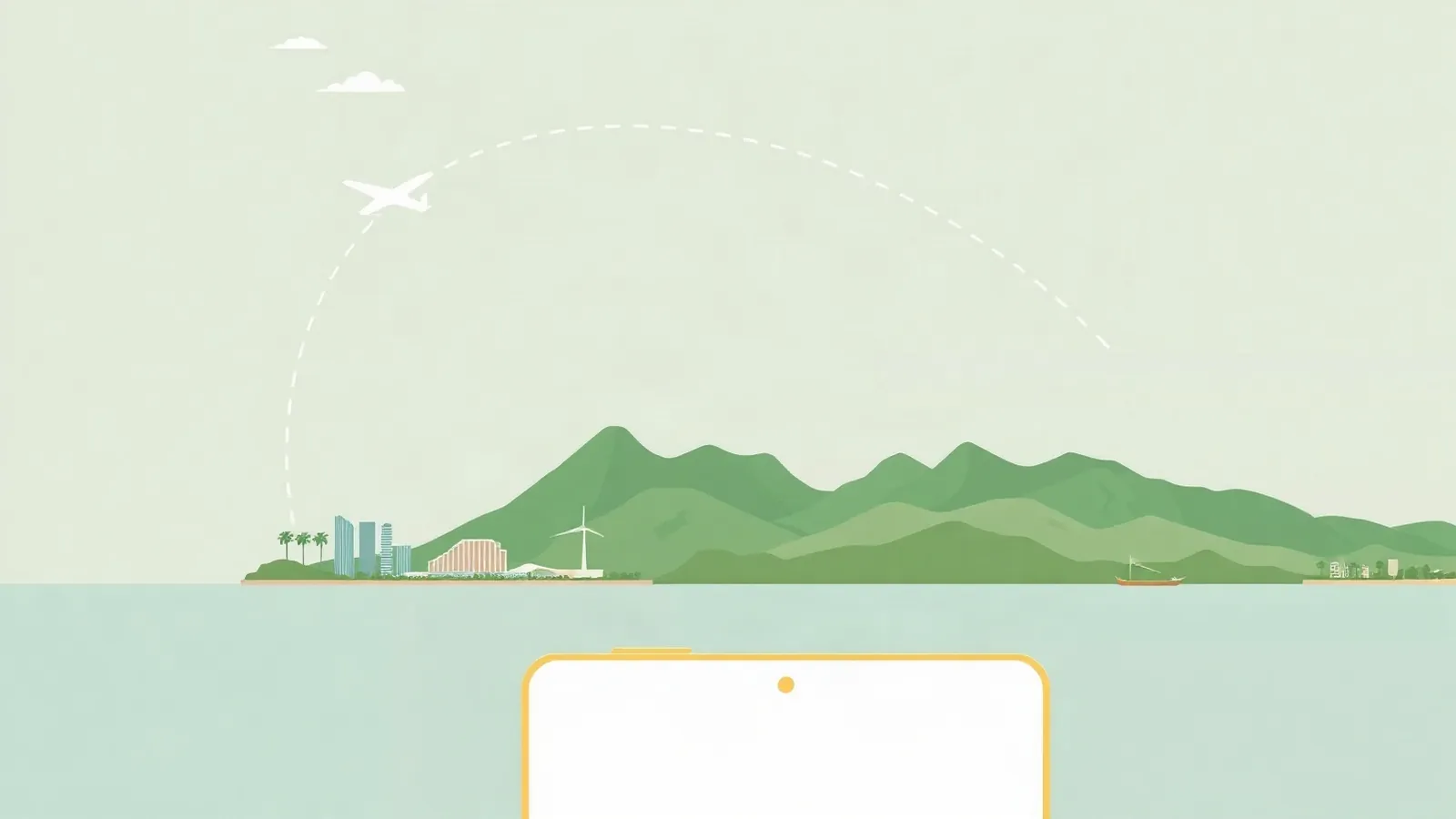 Dashed arc from a coastal skyline to mountains abroad, smartphone in the foreground
