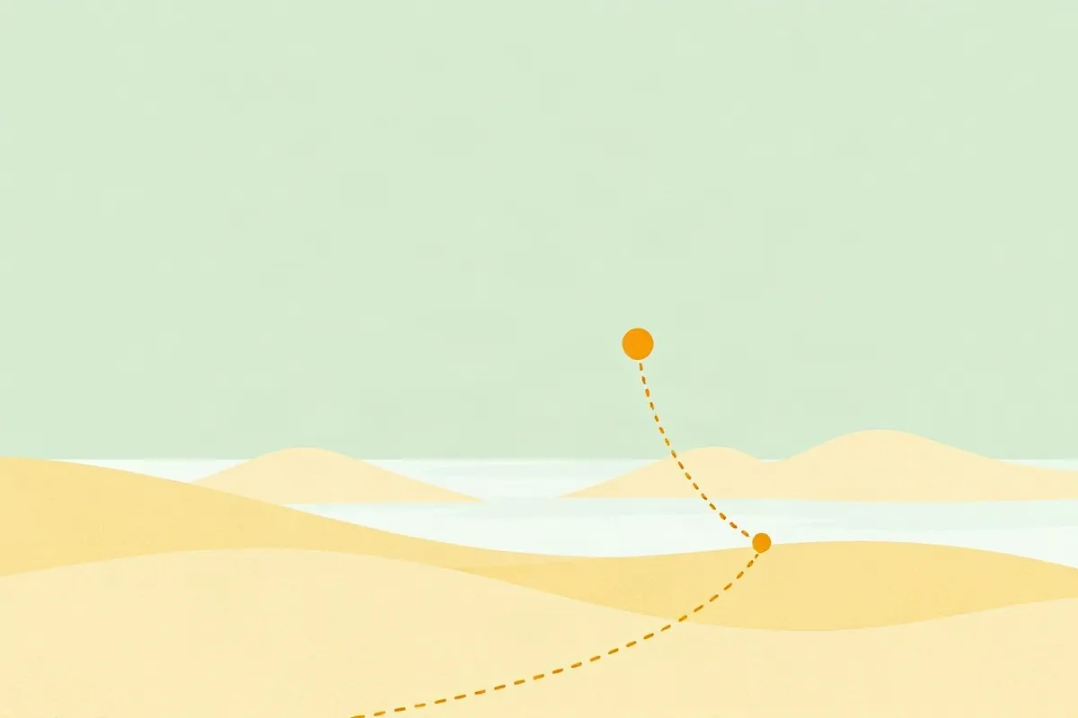 Abstract land shapes around a sea with dashed routes radiating from one point