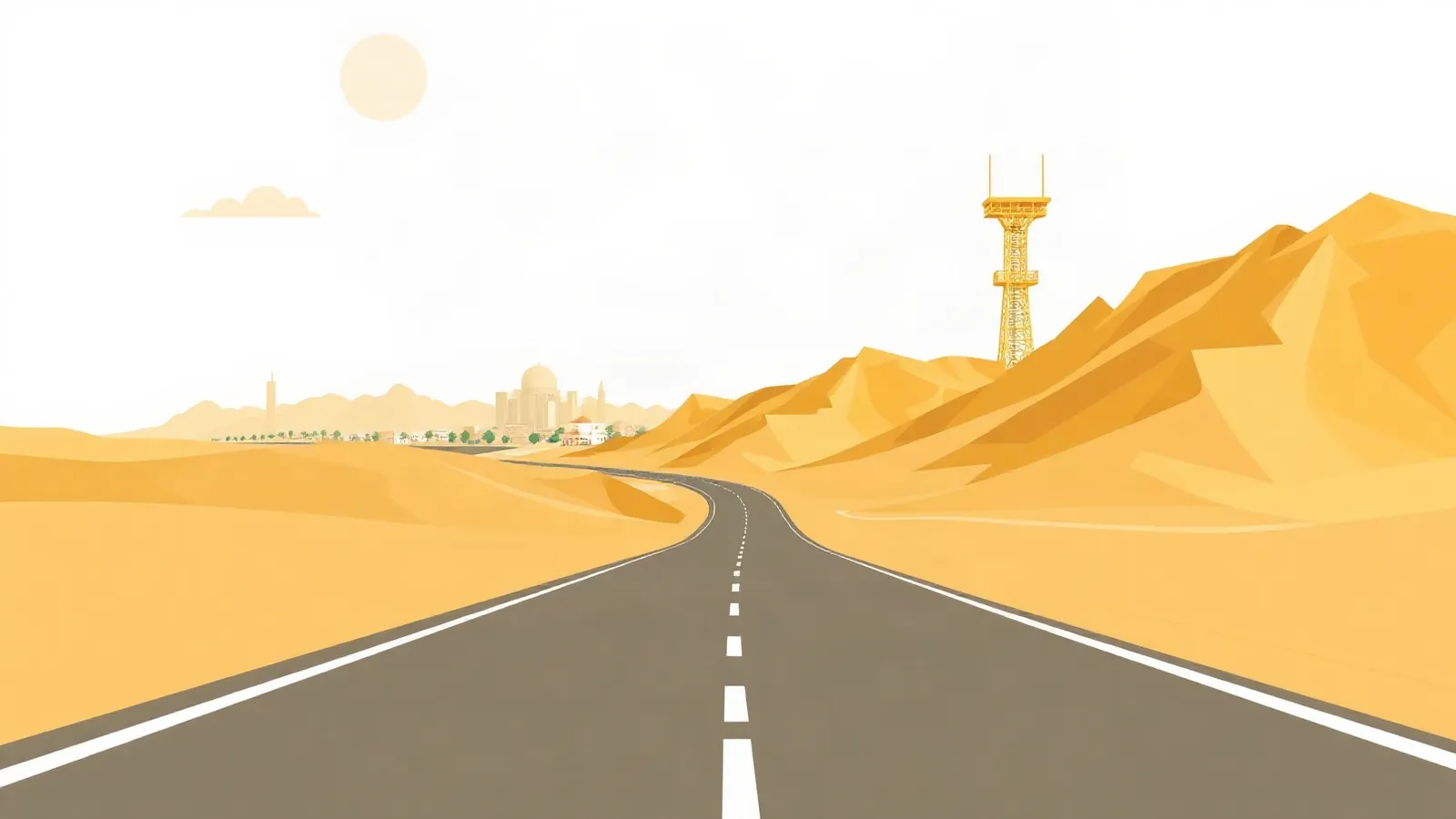 Desert highway leading to a Gulf coastal city with a mobile tower by the road
