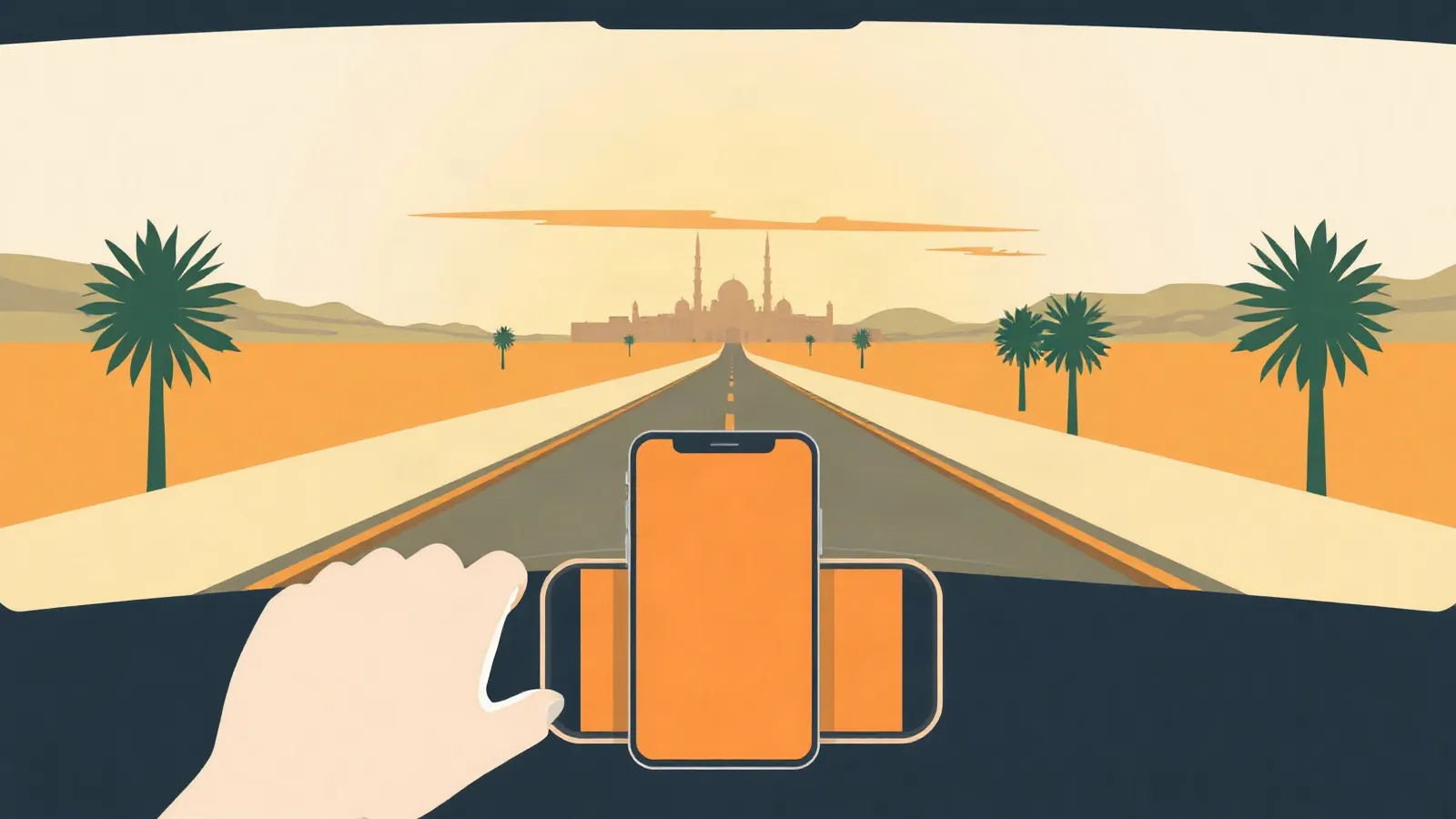 Desert road at dawn toward a distant city with minarets, smartphone on the dashboard