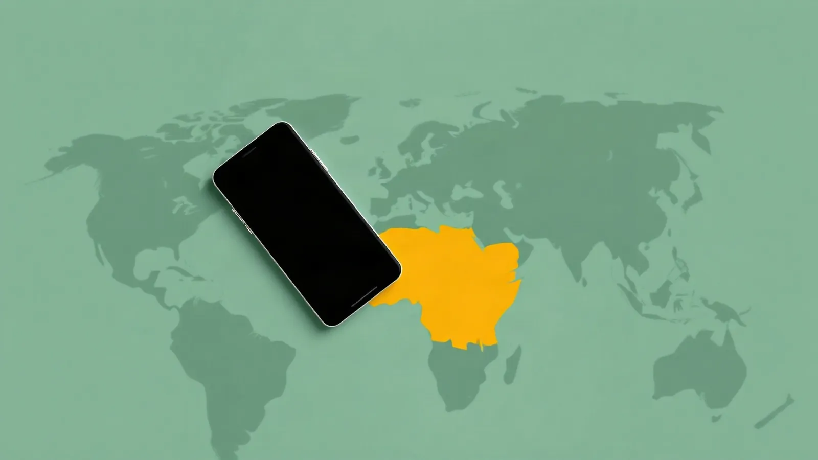 Minimal world map with one highlighted region and a smartphone on top
