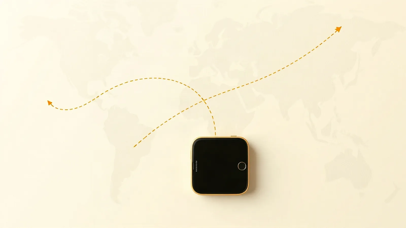 World map with dashed arcs leaving the Gulf, smartphone in the foreground