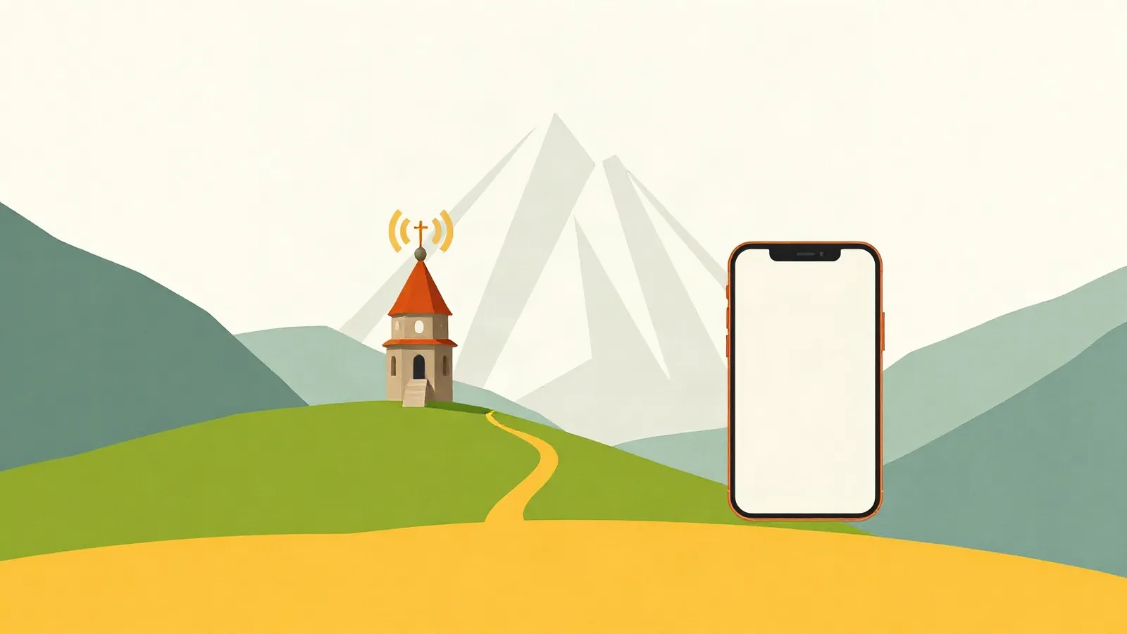 Stone monastery on a hill before a snow-capped mountain with a smartphone in the foreground