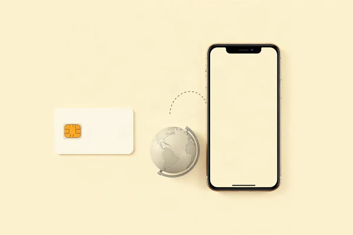 A local SIM card, a globe with a roaming arc and a smartphone for a data eSIM