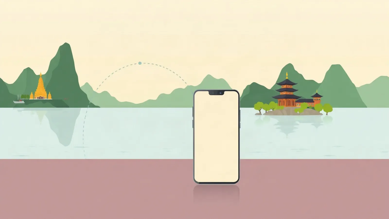 Limestone peaks in a calm bay with a temple spire and a pagoda linked by a travel route with a smartphone in the foreground