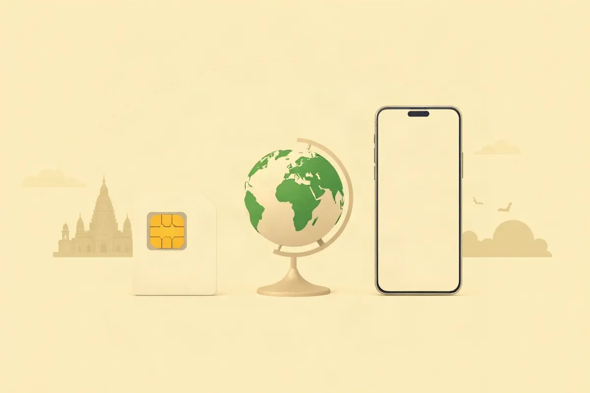 A local SIM card, a globe with a roaming arc and a smartphone for a data eSIM