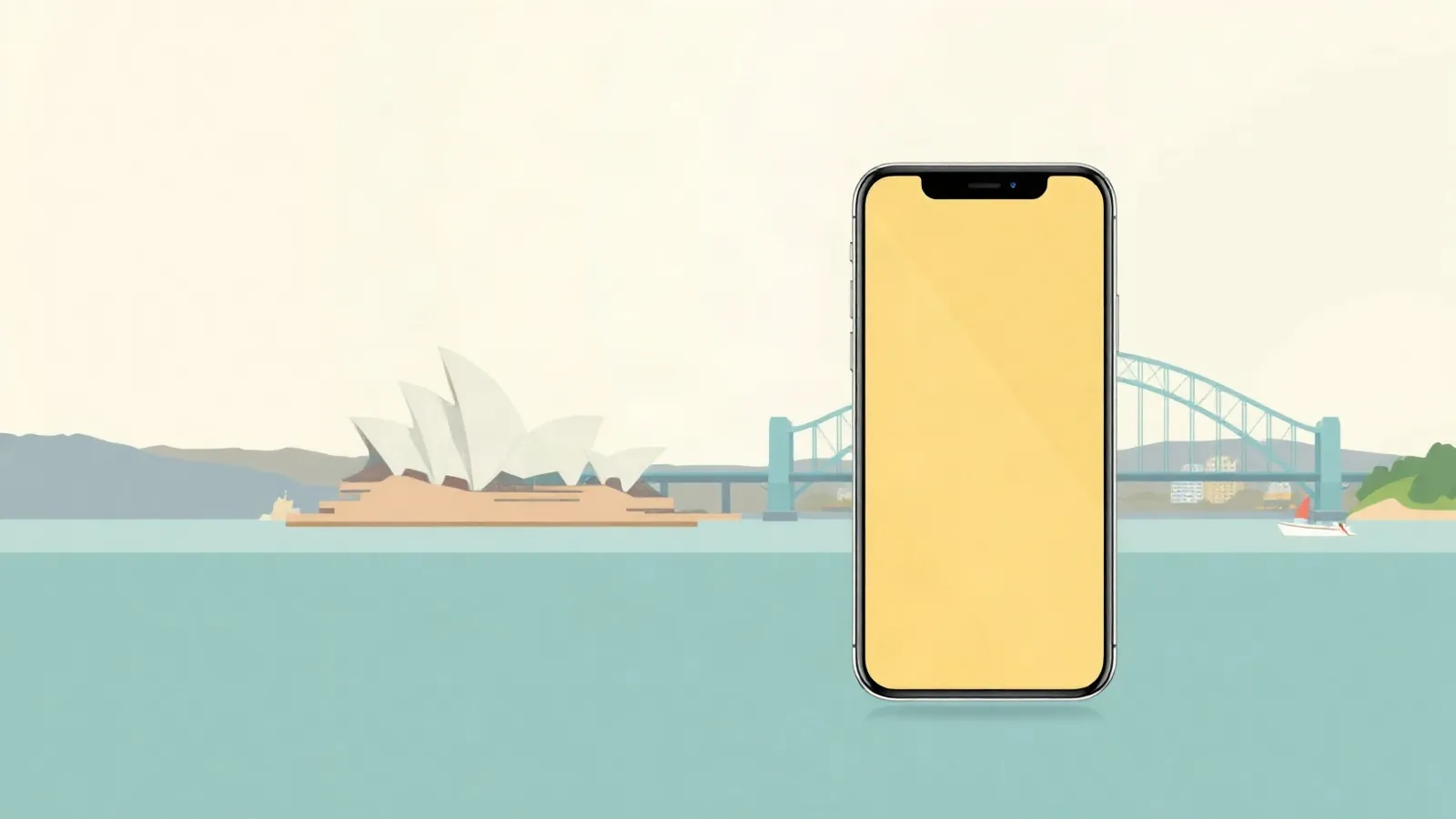Harbour with a sail-shaped opera house and an arch bridge with a smartphone in the foreground