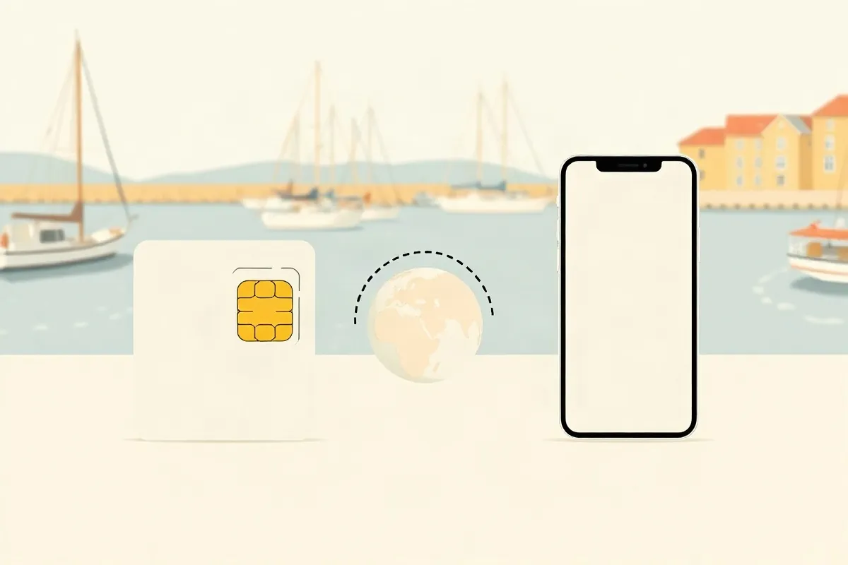 A local SIM card, a globe with a roaming arc and a smartphone for a data eSIM