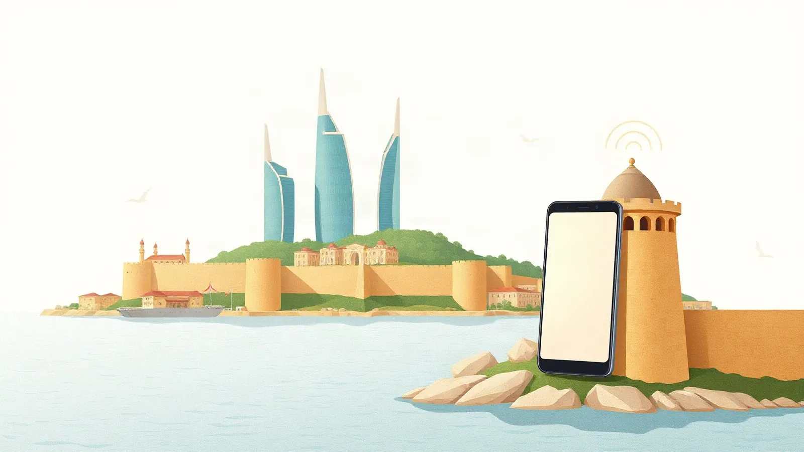 Old walled city with a stone tower and flame-shaped skyscrapers by the sea with a smartphone in the foreground