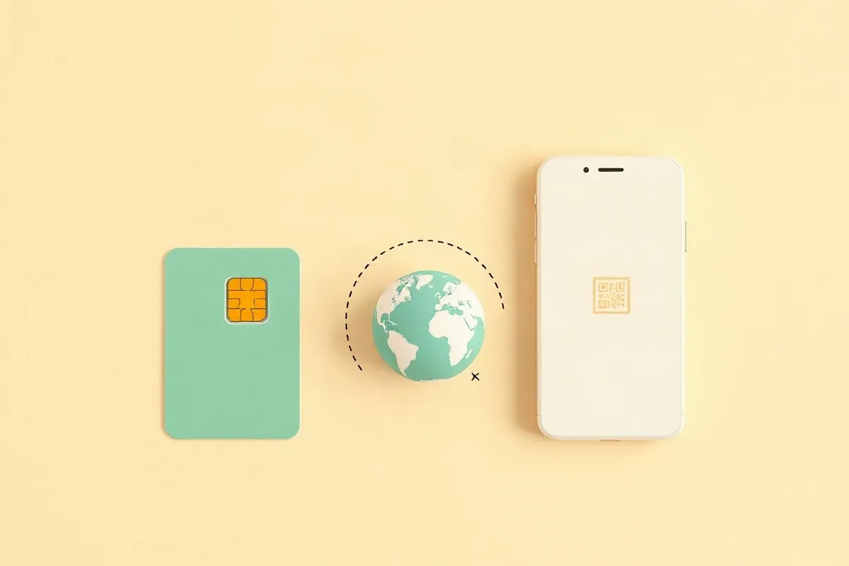 A local SIM card, a globe with a roaming arc and a smartphone for a data eSIM