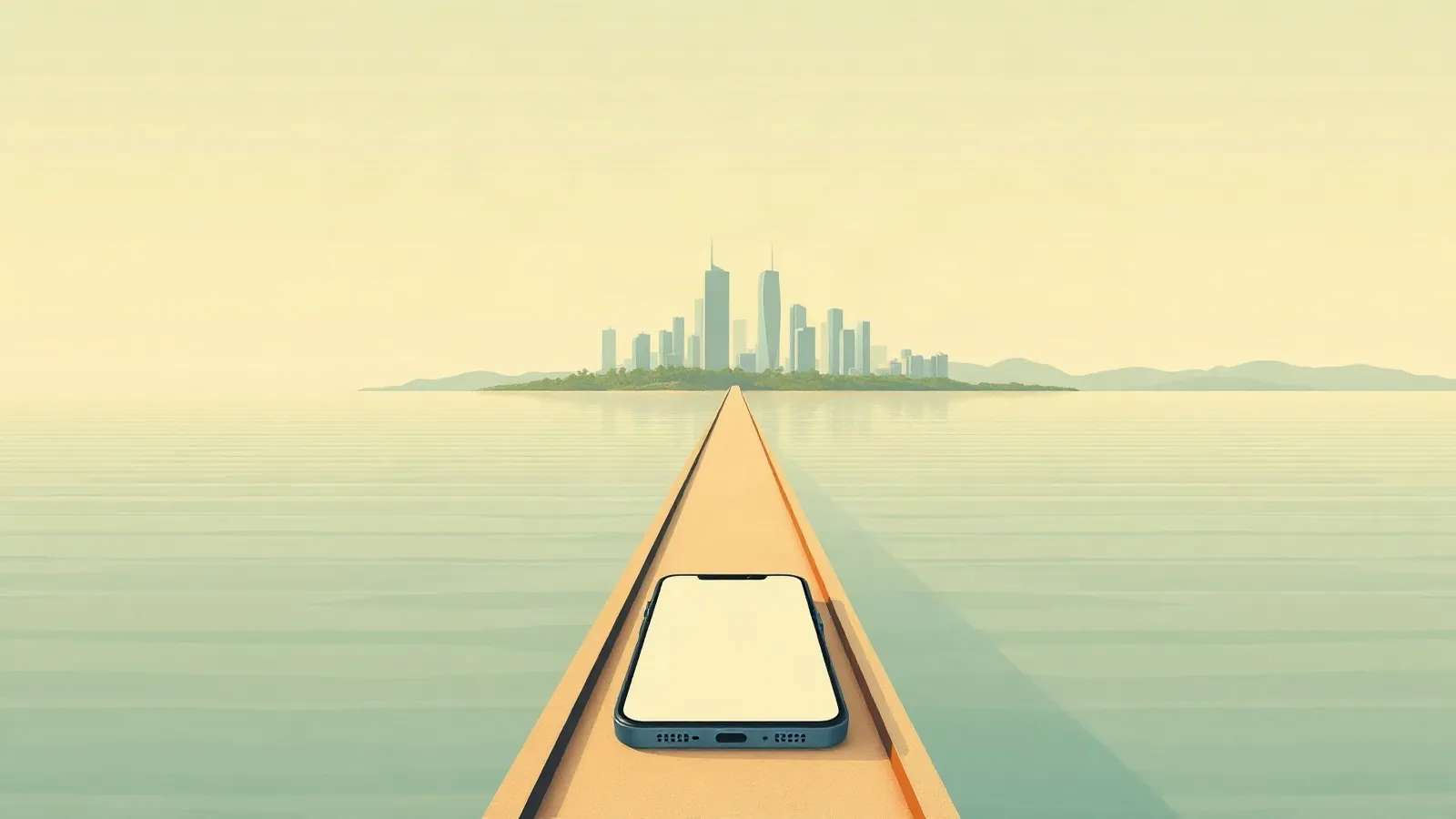 Long sea causeway leading to an island skyline with a smartphone in the foreground
