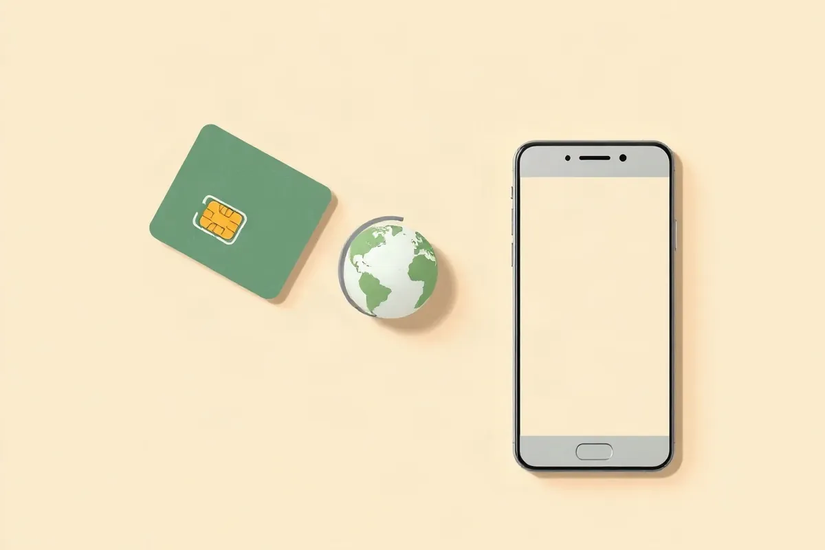 A local SIM card, a globe with a roaming arc and a smartphone for a data eSIM