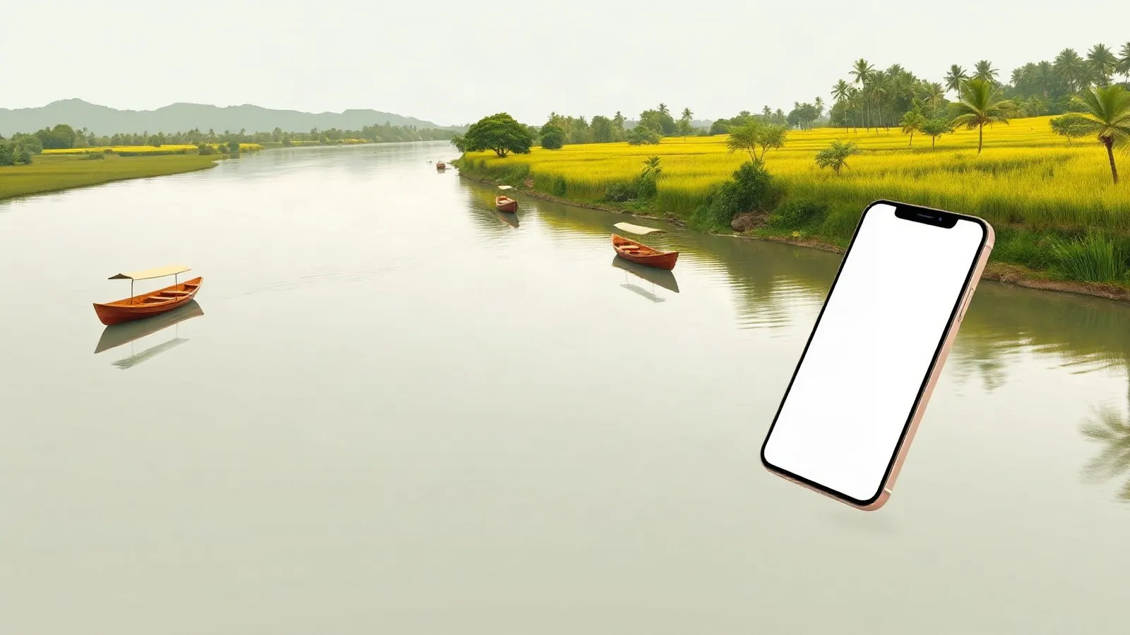 Wooden boats on a wide river beside green paddy fields with a smartphone in the foreground