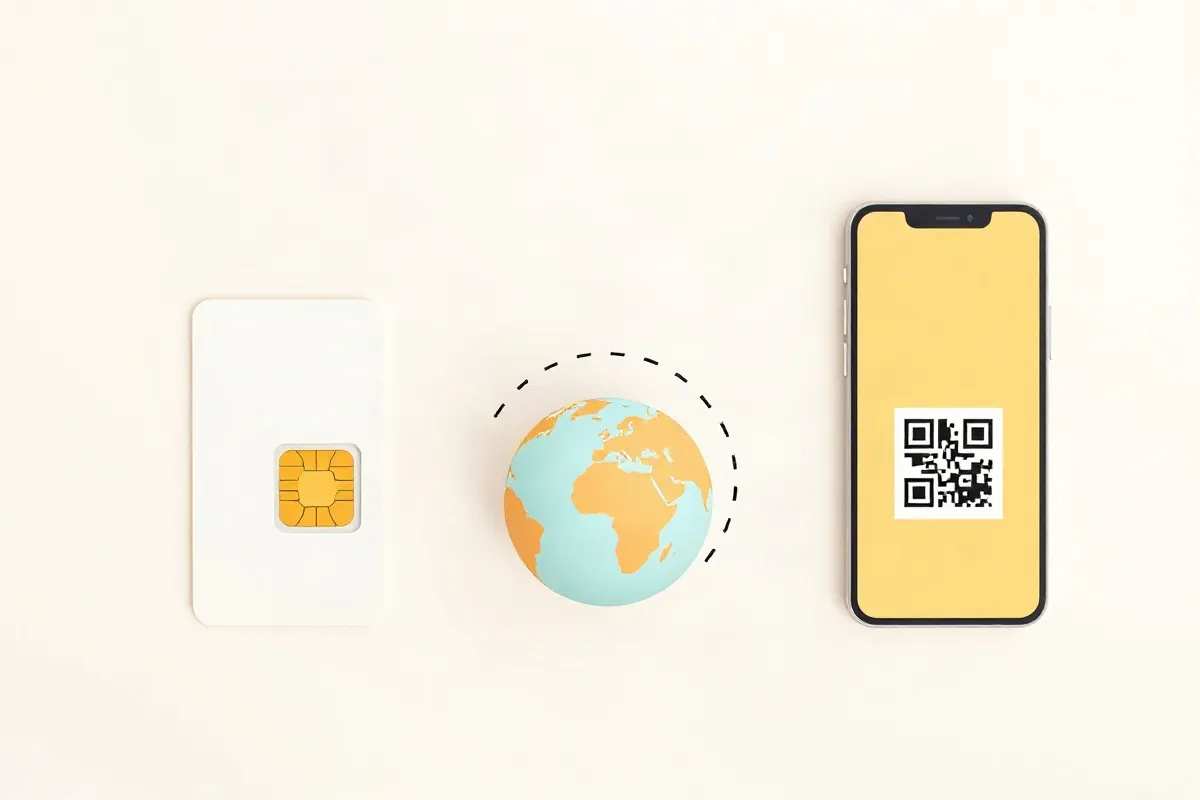 A local SIM card, a globe with a roaming arc and a smartphone for a data eSIM