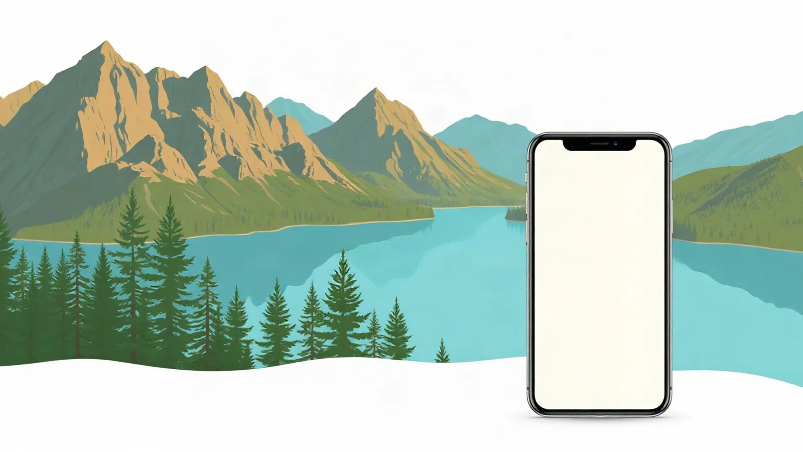 Rocky mountains above a turquoise lake and pine forest with a smartphone in the foreground