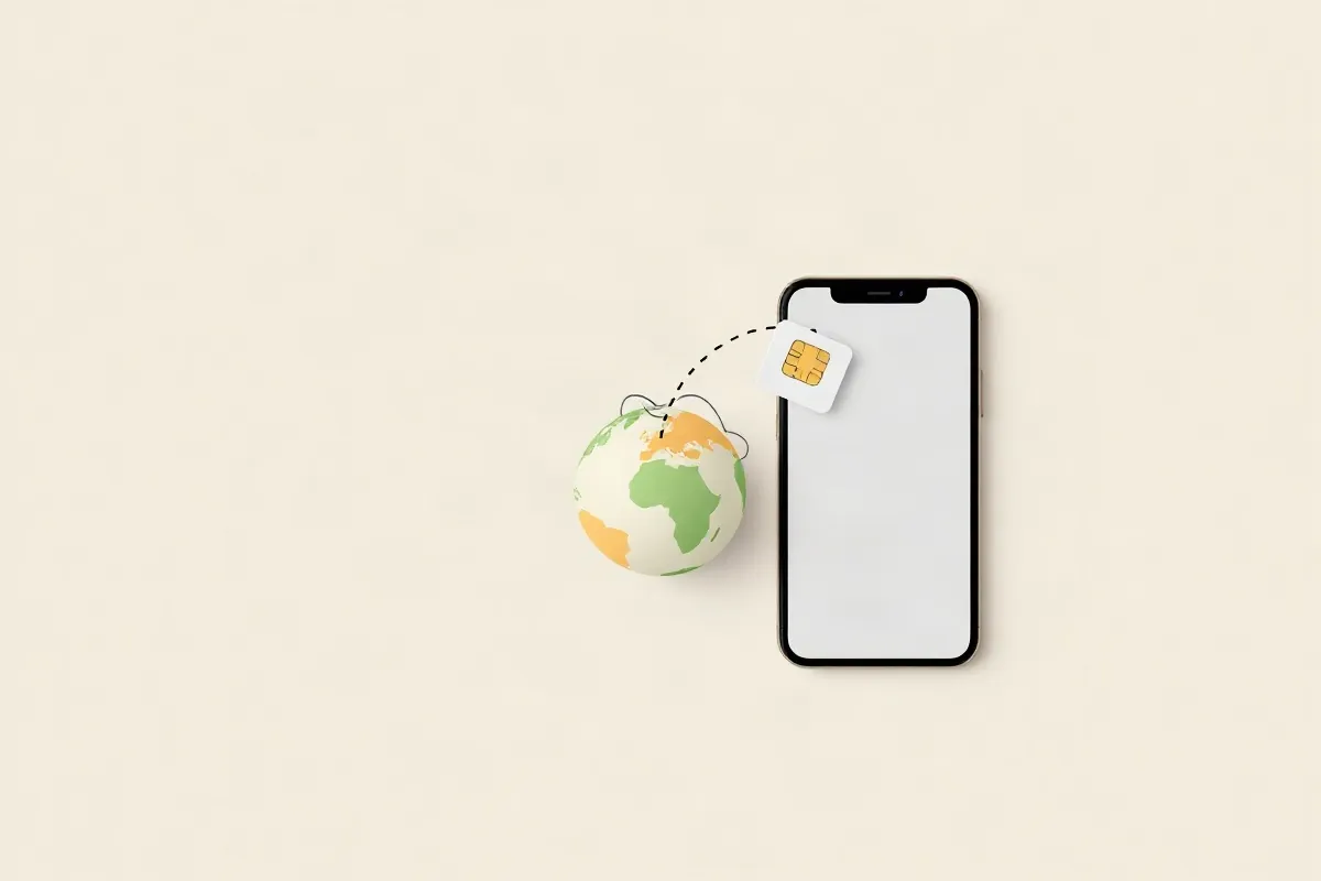 A local SIM card, a globe with a roaming arc and a smartphone for a data eSIM