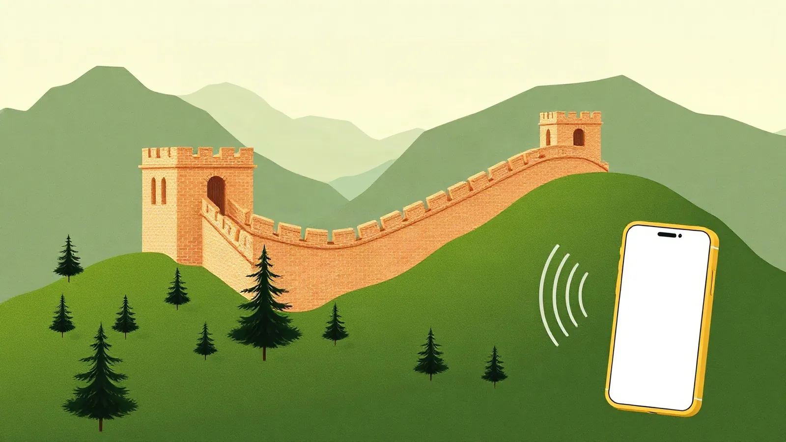 Ancient stone wall winding along mountain ridges with a smartphone in the foreground