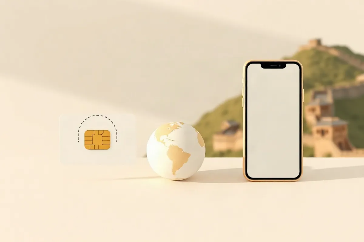 A local SIM card, a globe with a roaming arc and a smartphone for a data eSIM