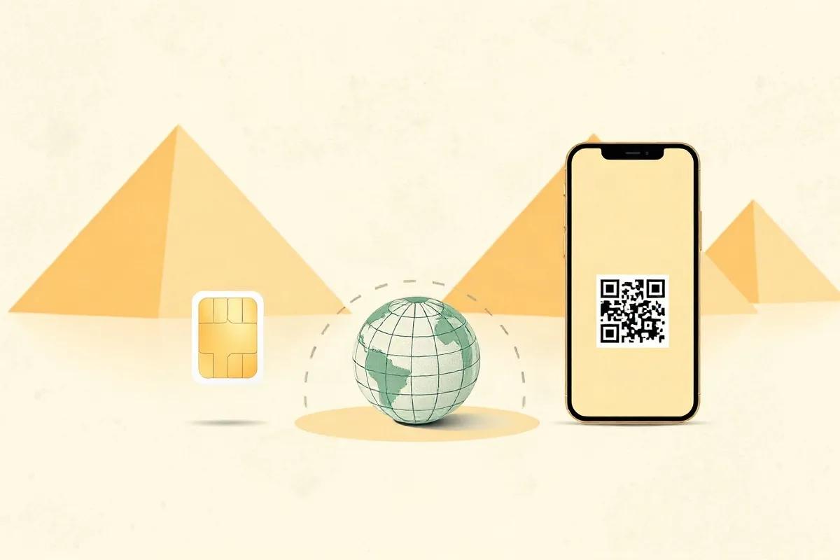 A local SIM card, a roaming arc over a globe and a phone with a QR code for a data eSIM