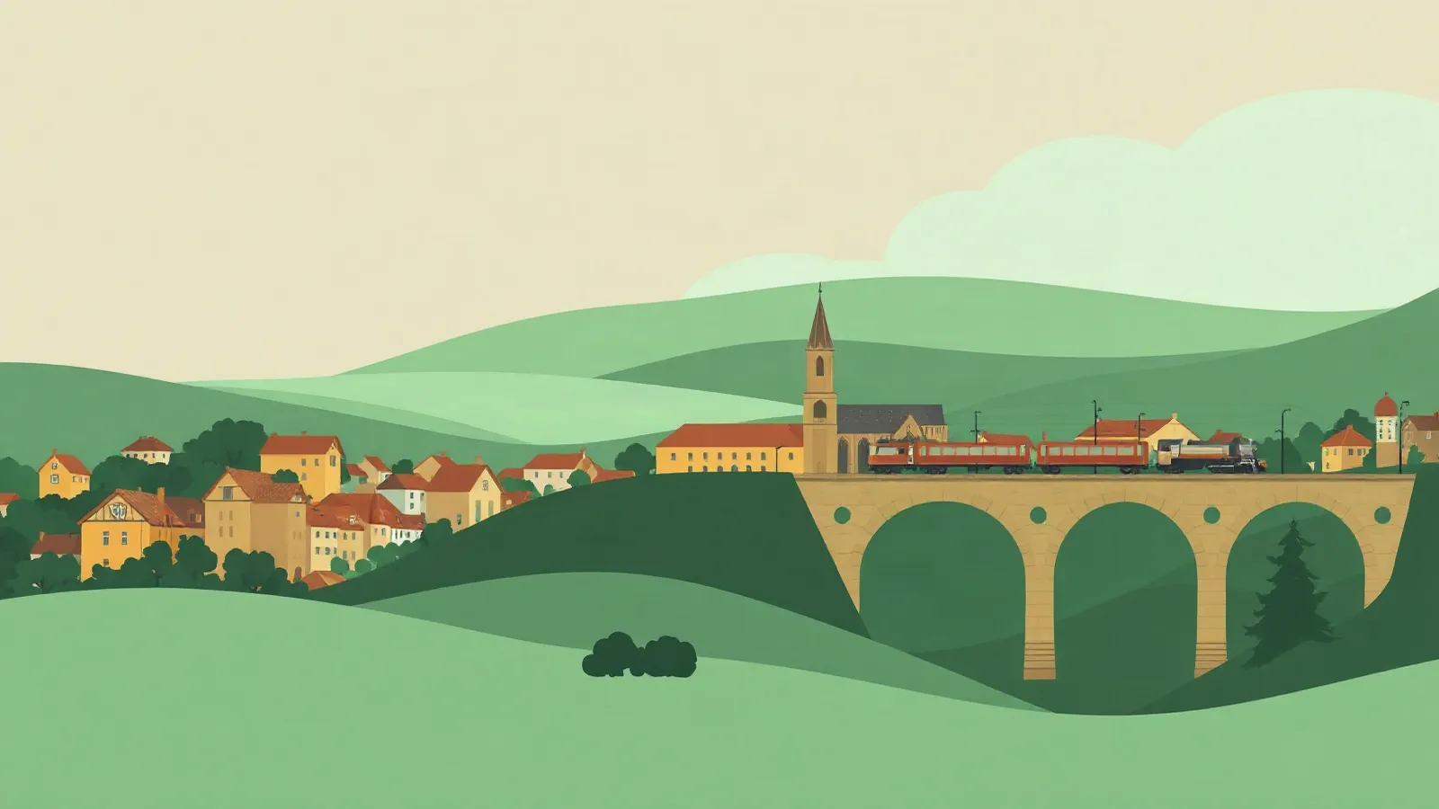 Old town rooftops and a train on a stone viaduct with a smartphone in the foreground