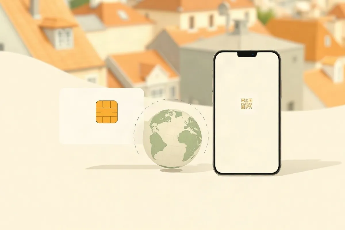 A local SIM card, a globe with a roaming arc and a smartphone for a data eSIM