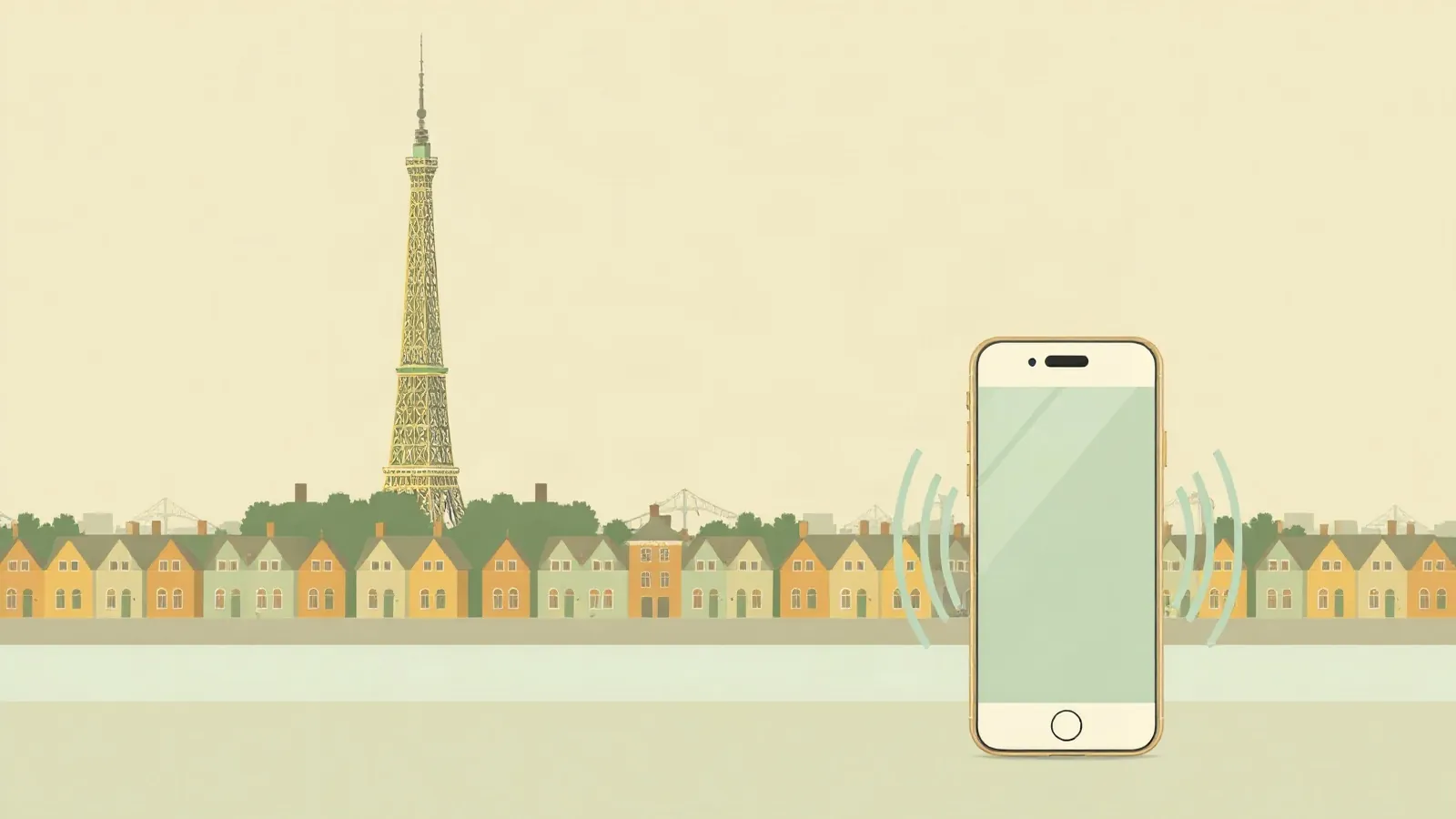 Lattice iron tower above city rooftops with a smartphone in the foreground