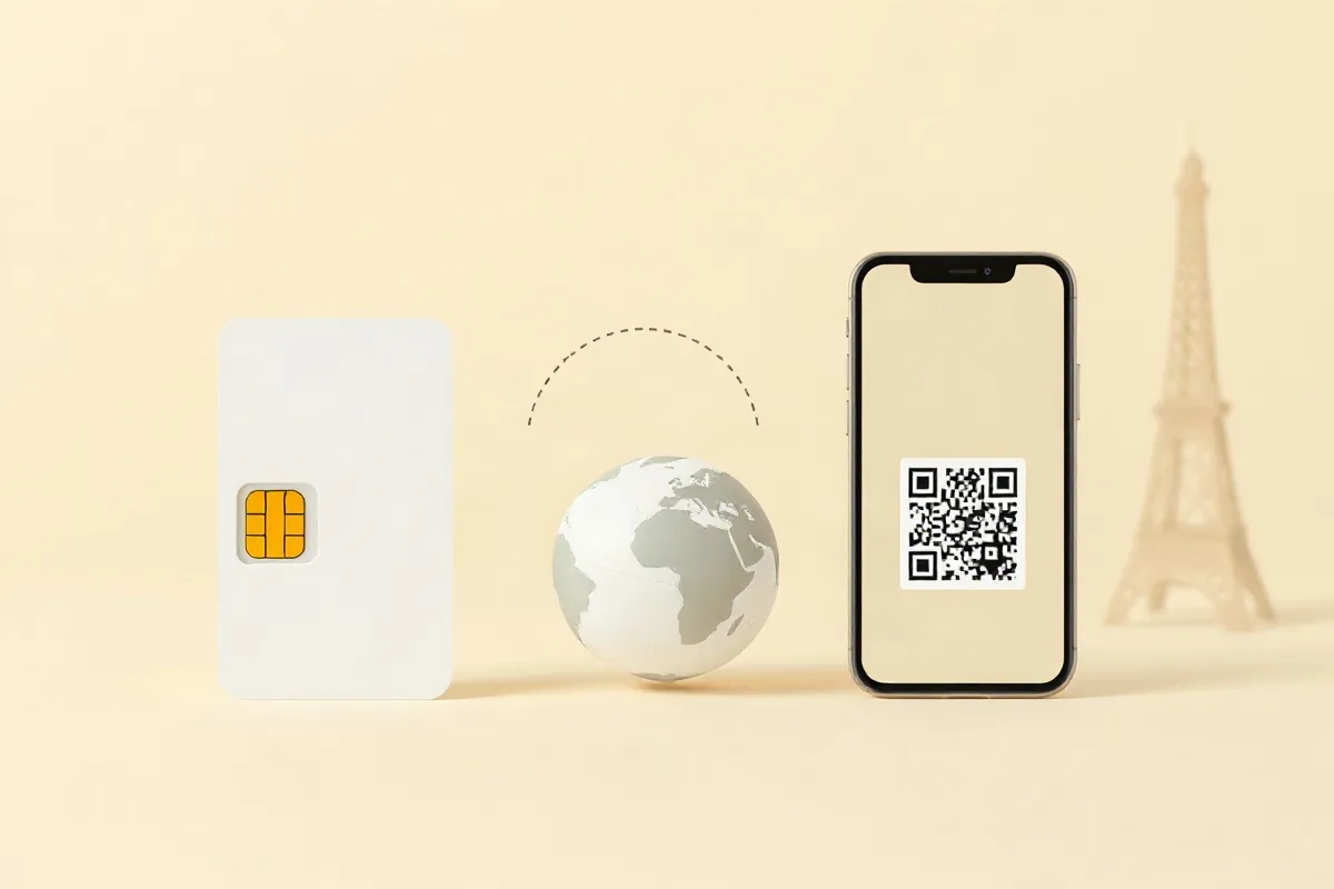 A local SIM card, a globe with a roaming arc and a smartphone for a data eSIM