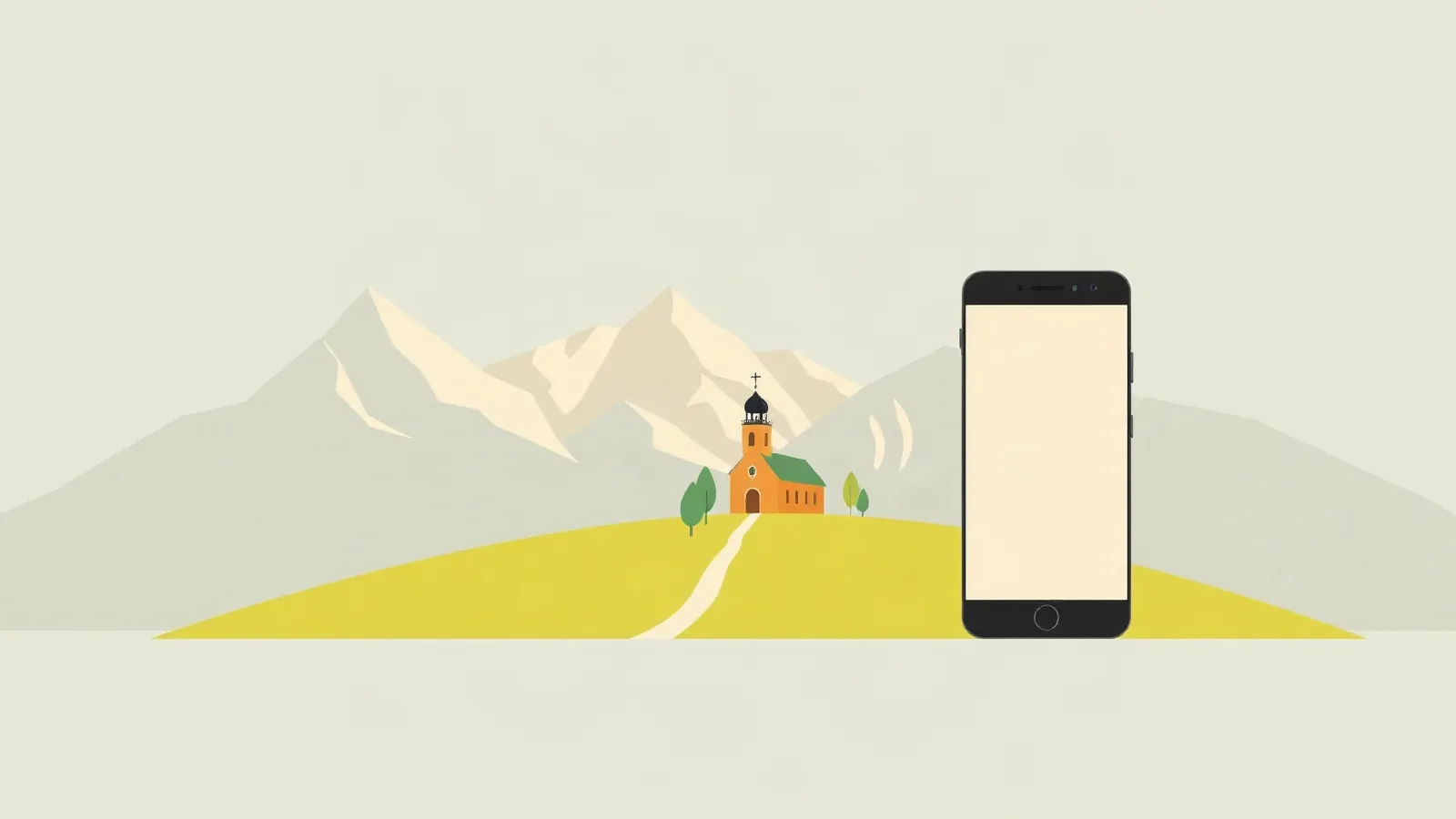 Stone church on a hill below snowy mountains with a smartphone in the foreground