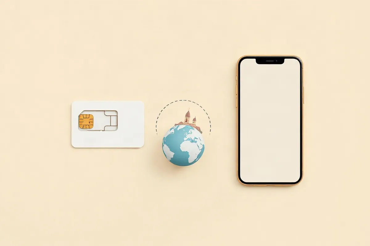 A local SIM card, a globe with a roaming arc and a smartphone for a data eSIM