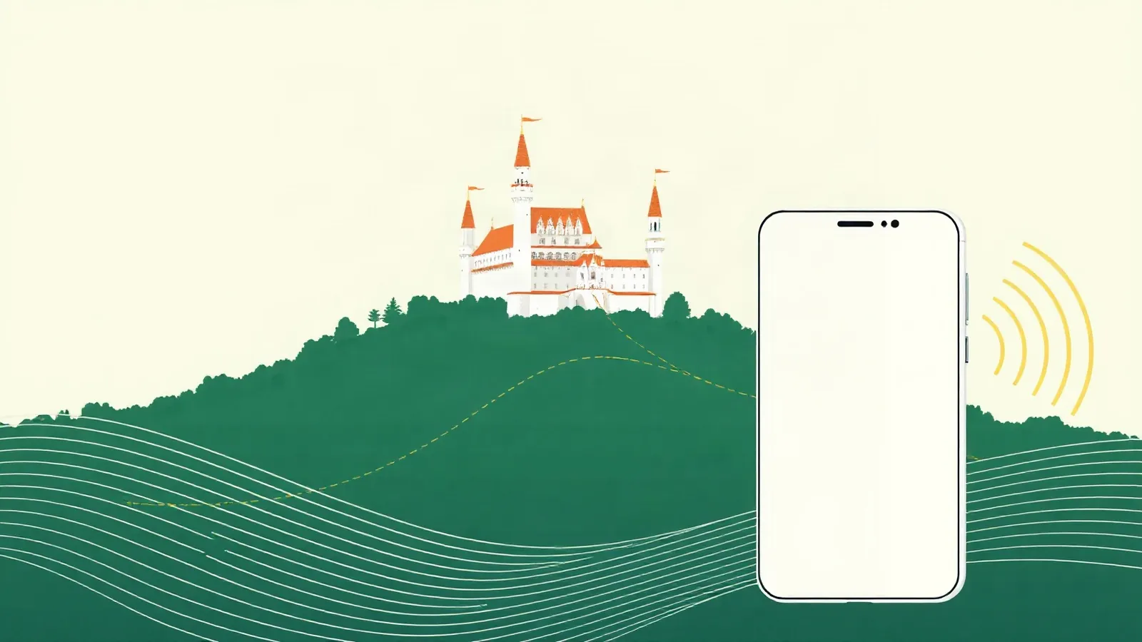 White hilltop castle above a green forest with a smartphone in the foreground