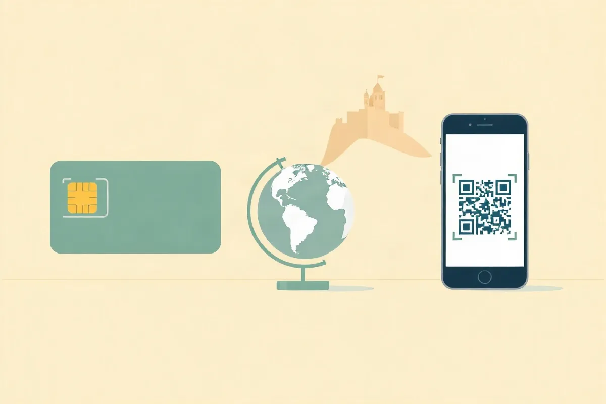 A local SIM card, a globe with a roaming arc and a smartphone for a data eSIM