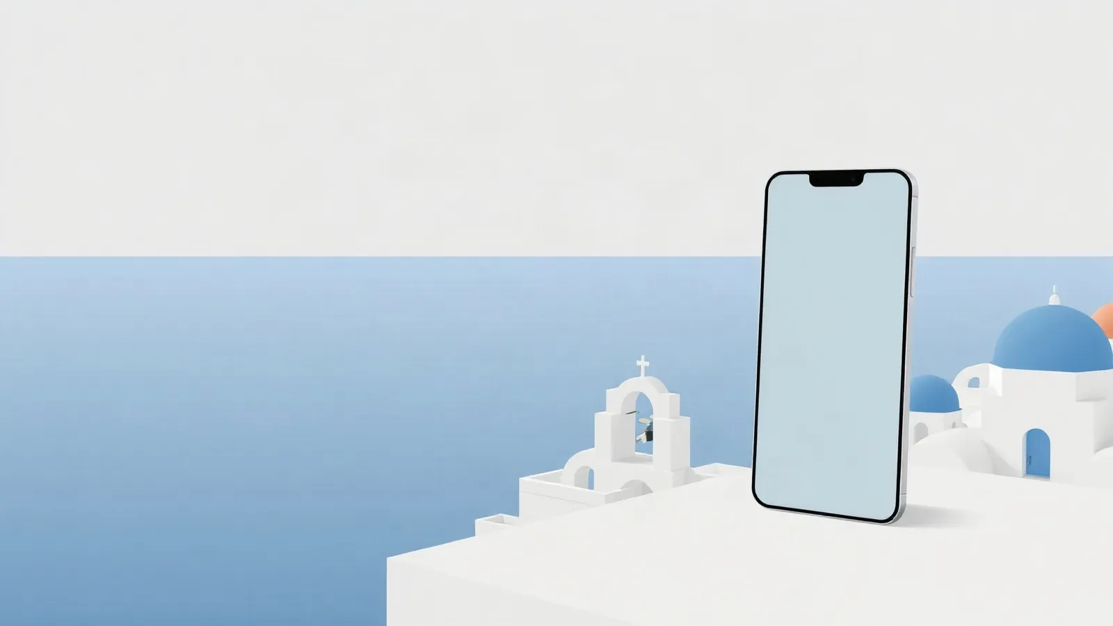 Whitewashed cliffside village with blue domes above the sea with a smartphone in the foreground