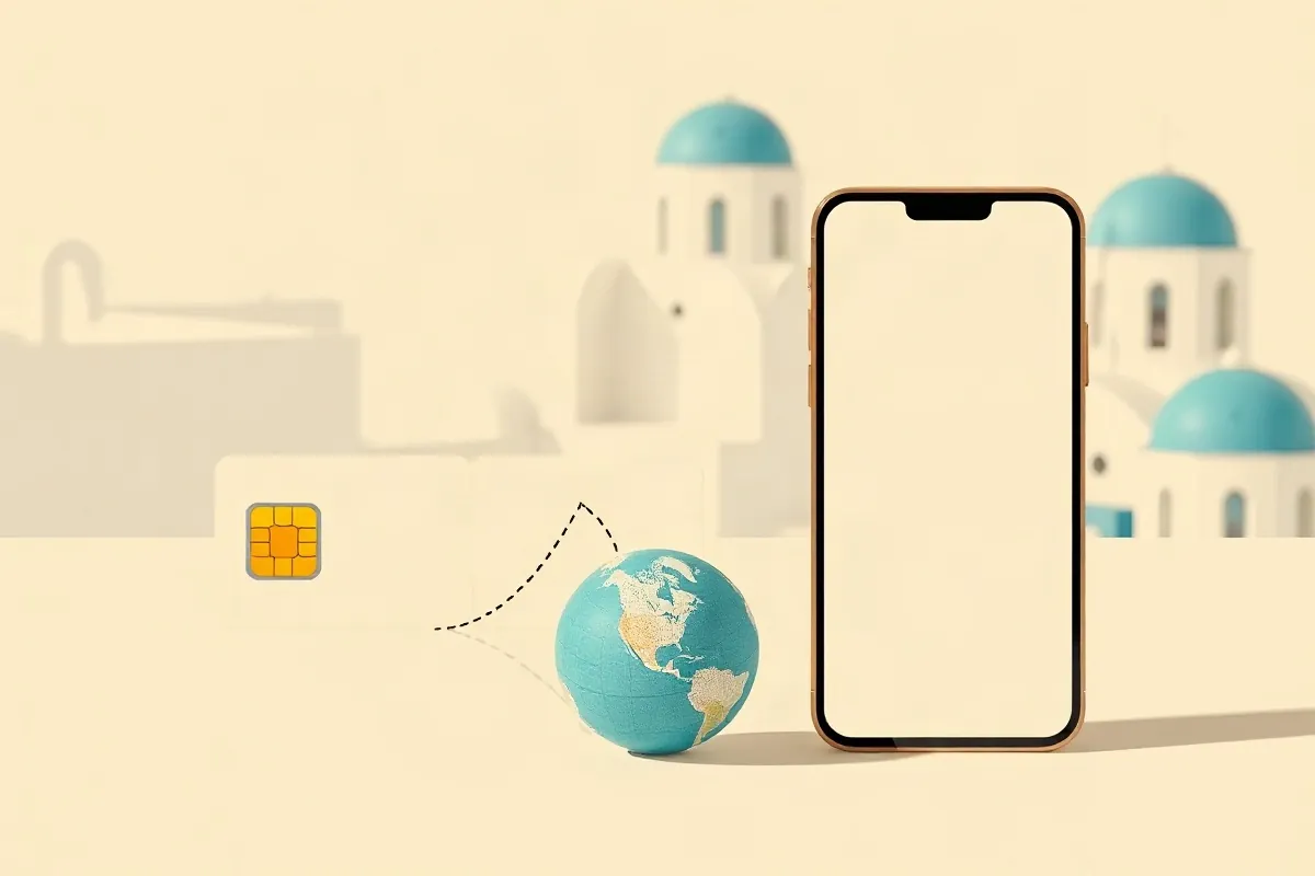 A local SIM card, a globe with a roaming arc and a smartphone for a data eSIM