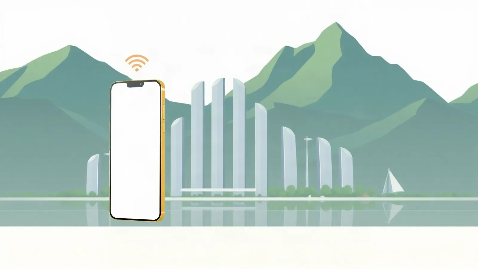 Harbour skyline below green mountain peaks with a smartphone in the foreground