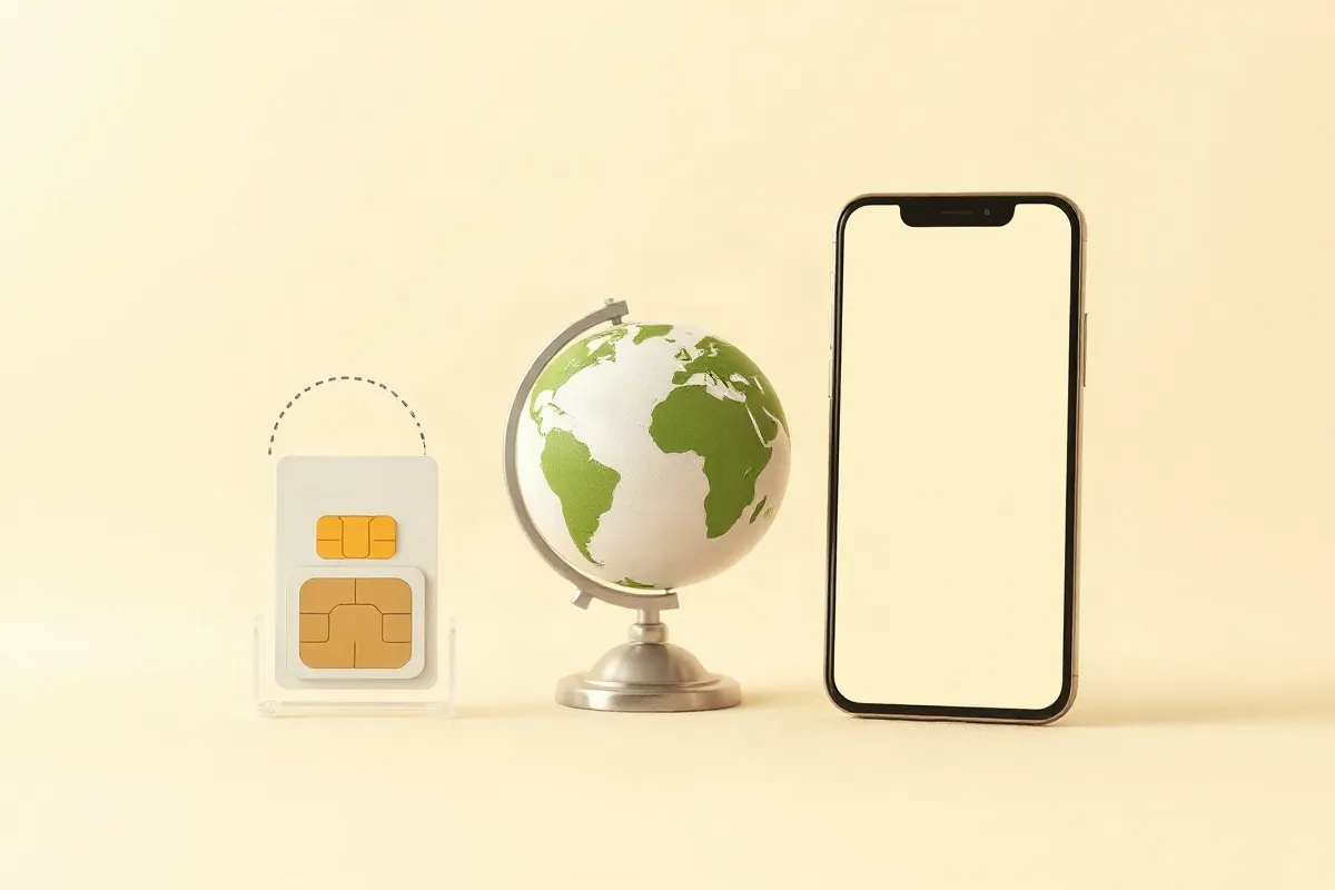 A local SIM card, a globe with a roaming arc and a smartphone for a data eSIM