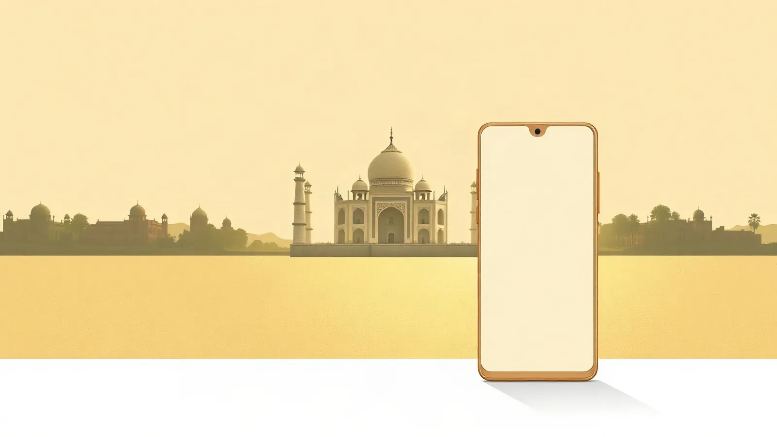 Taj Mahal at sunrise with a smartphone in the foreground