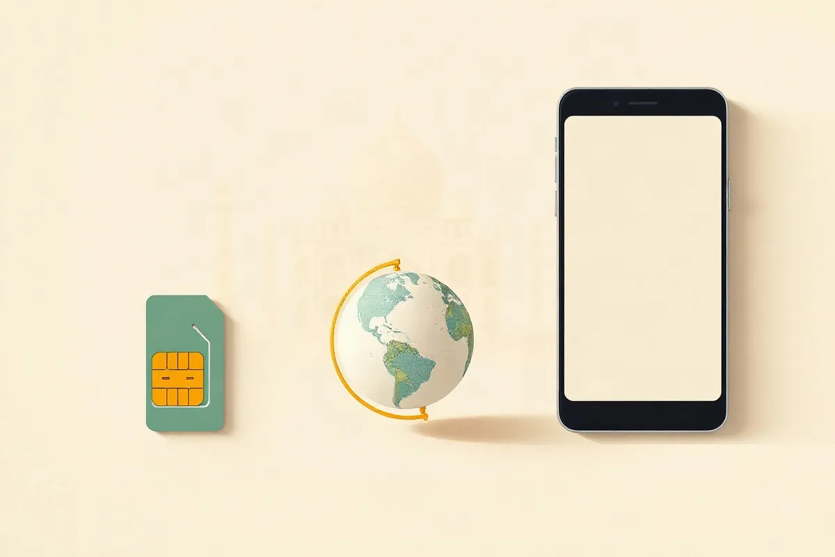 A local SIM card, a roaming arc over a globe and a phone with a QR code for a data eSIM