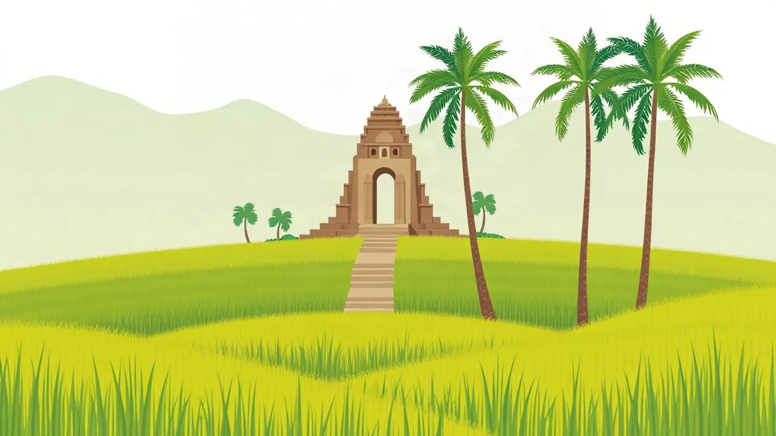 Green rice terraces and a stone temple gate with a smartphone in the foreground