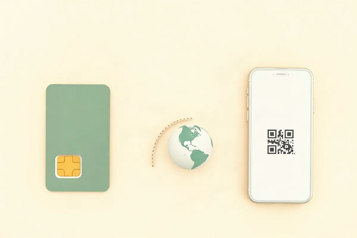 A local SIM card, a globe with a roaming arc and a smartphone for a data eSIM