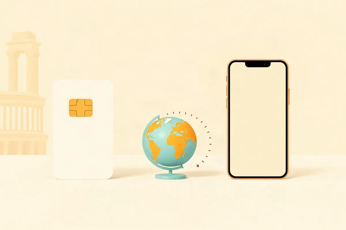 A local SIM card, a globe with a roaming arc and a smartphone for a data eSIM