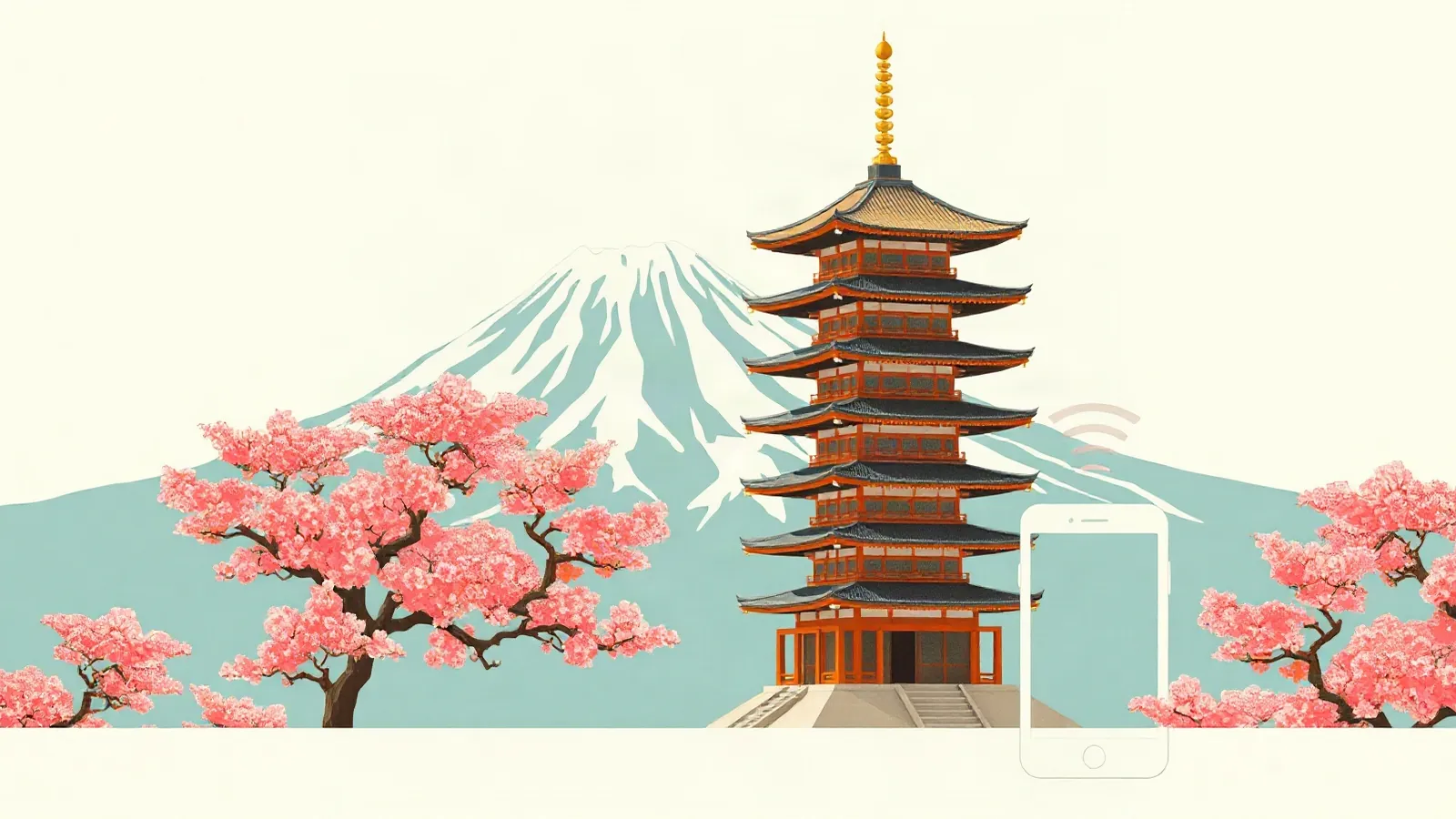 Snow-capped mountain behind a pagoda and cherry blossoms with a smartphone in the foreground