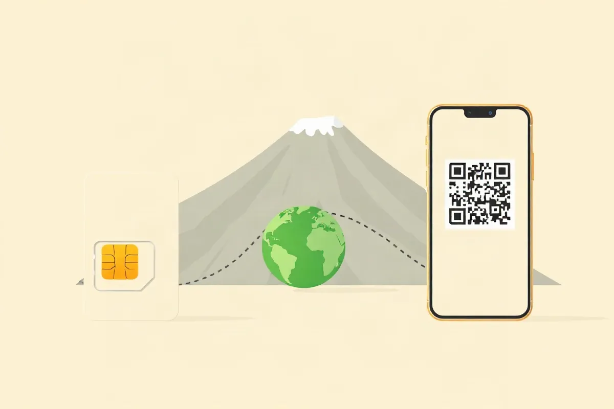 A local SIM card, a globe with a roaming arc and a smartphone for a data eSIM